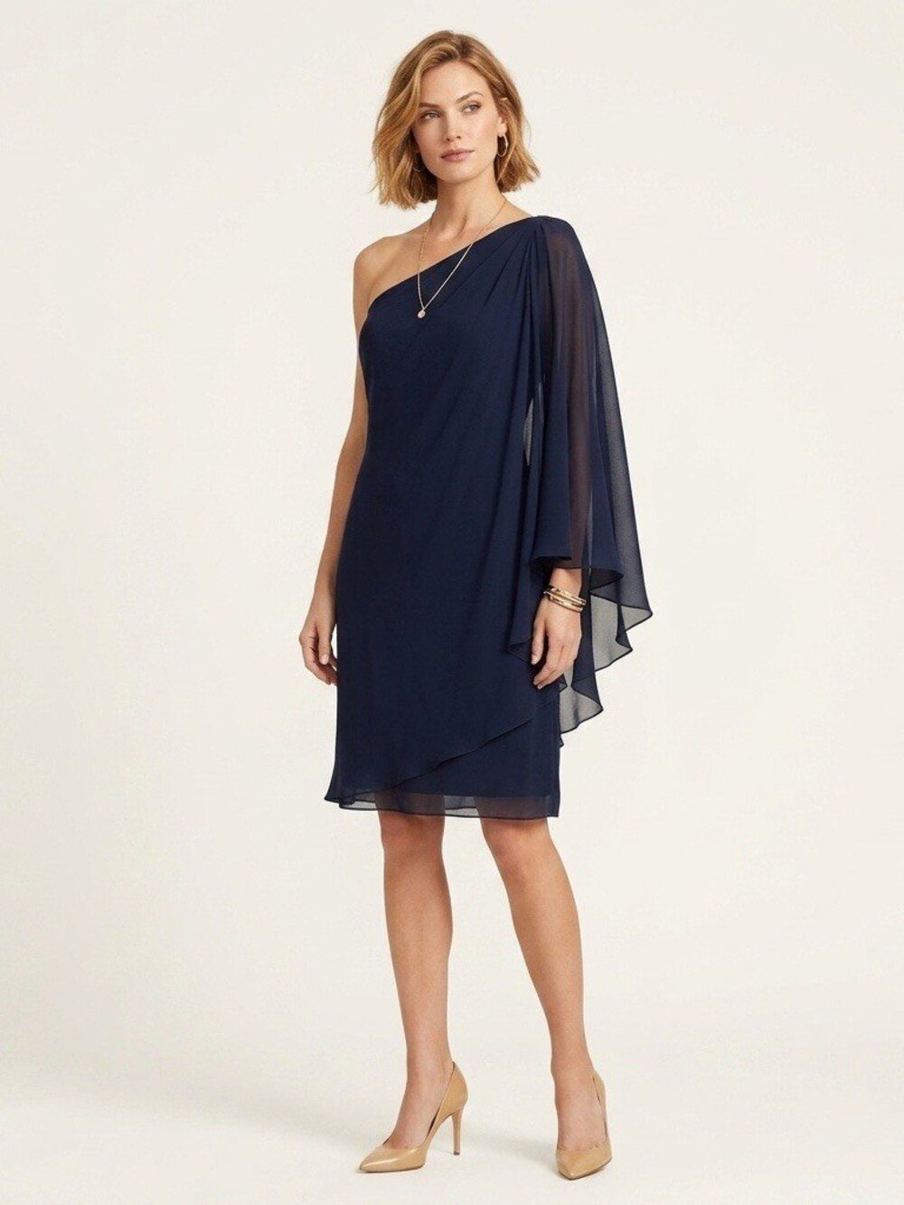 NEW Lauren Ralph Lauren Navy Blue One Shoulder Chiffon Cocktail Dress Size 14